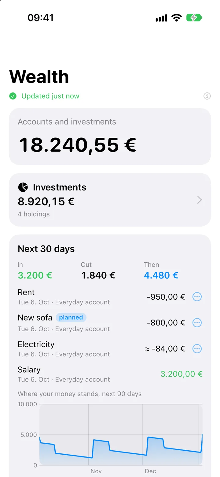 The Wealth screen: total of accounts and investments, the payments of the next 30 days and a curve of the next 90 days.